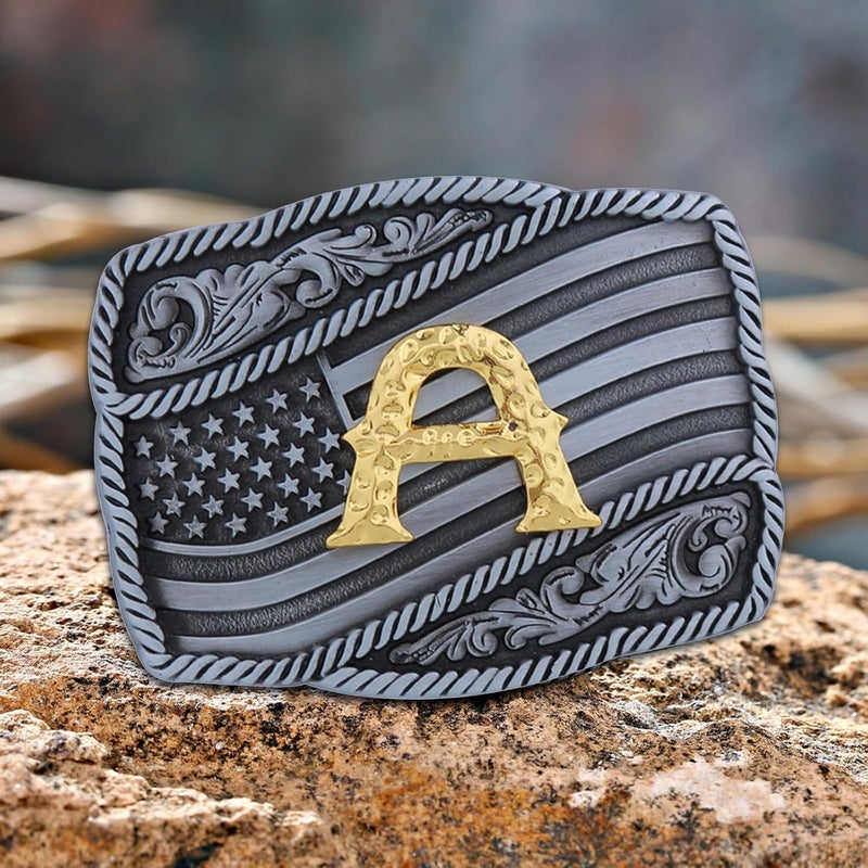 Fibbadet Store Western Cowboy Initial Letters A-Z American Flag Belt Buckle for Men Fathers Day Boyfriend Husband - Image 1
